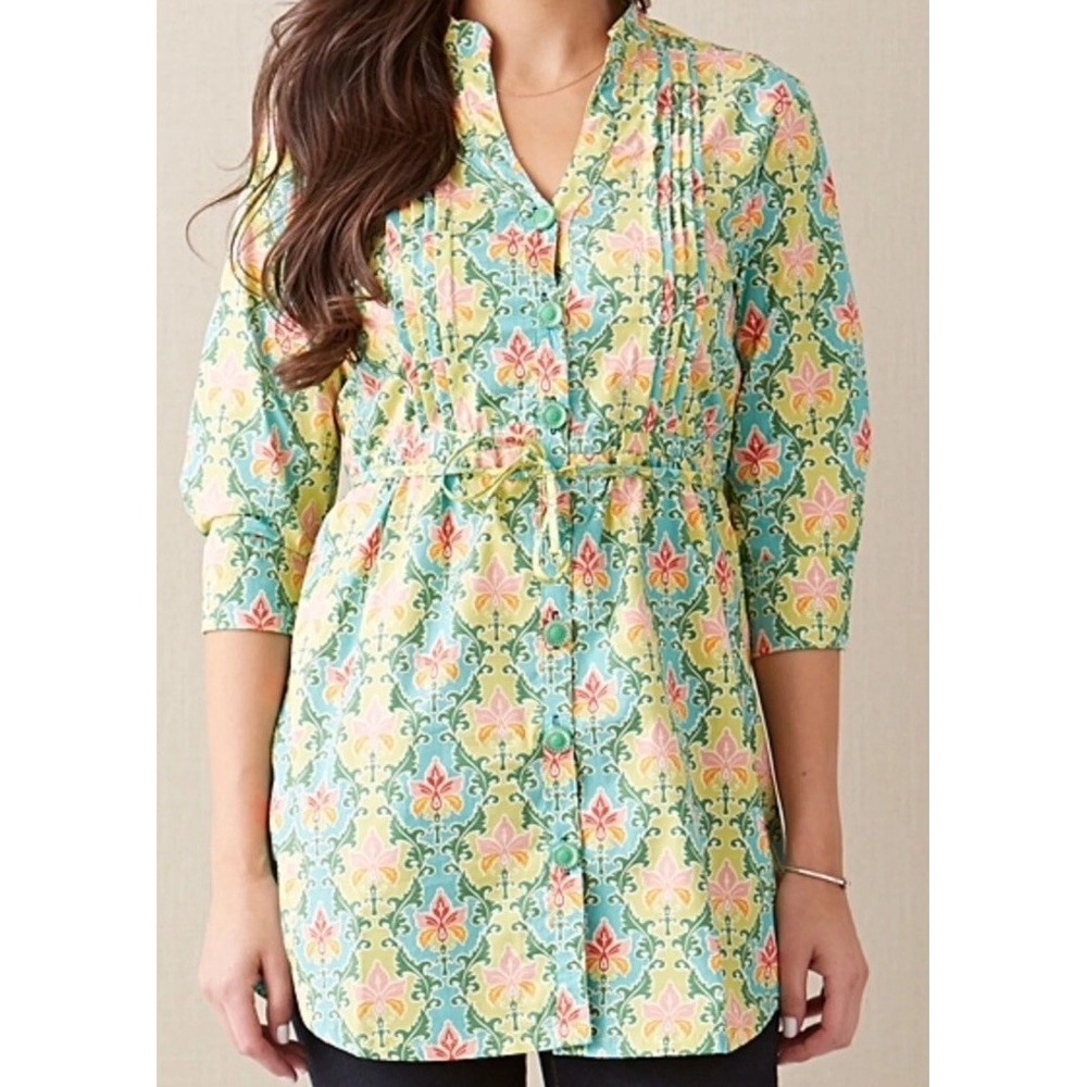 MATILDA JANE Green Acres Tunic Top Shirt Blouse Pleated Birds Floral Blue Sz Sm